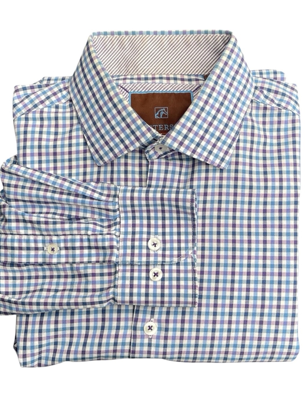 Tattersall London Cotton White/Blue/Purple Check Dress Shirt (15.5)